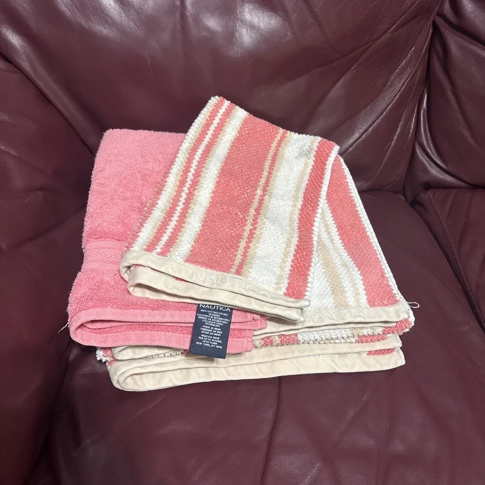 NAUTICA LAKEVIEW CORAL & TAN WHITE STRIPE 4 Piece HAND Cloth & Bath Beach Towel